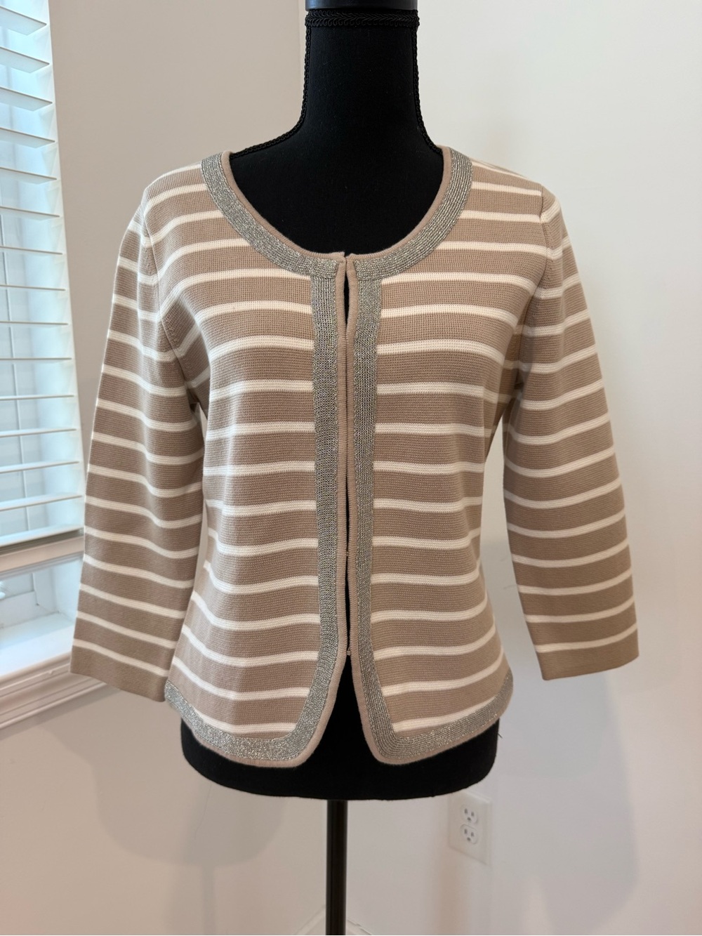 Banana Republic Beige and White Striped Cardigan with Metallic Trim